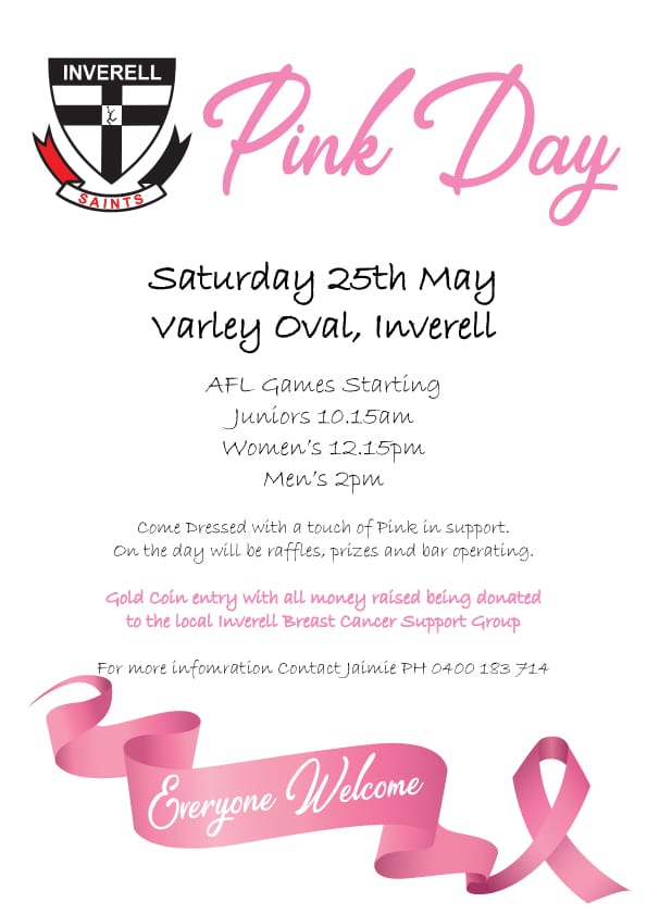 Inverell Saints Pink Day - 25 May 2019, 10am - Varley Oval