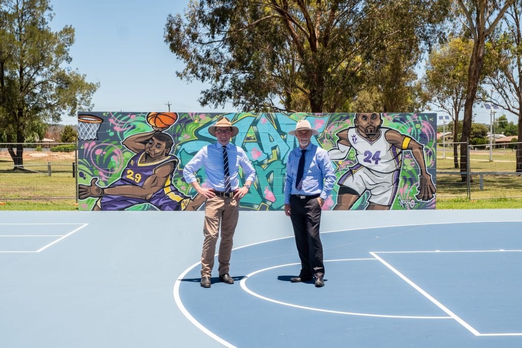 Northern Tablelands MP Adam Marshall, left, and Inverell Shire Mayor Paul Harmon inspecting the new outdoor youth space and basketball court yesterday. 