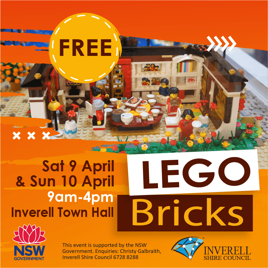 Flyer for LEGO Bricks event at Inverell Town Hall on 9 & 10 April 2022. 